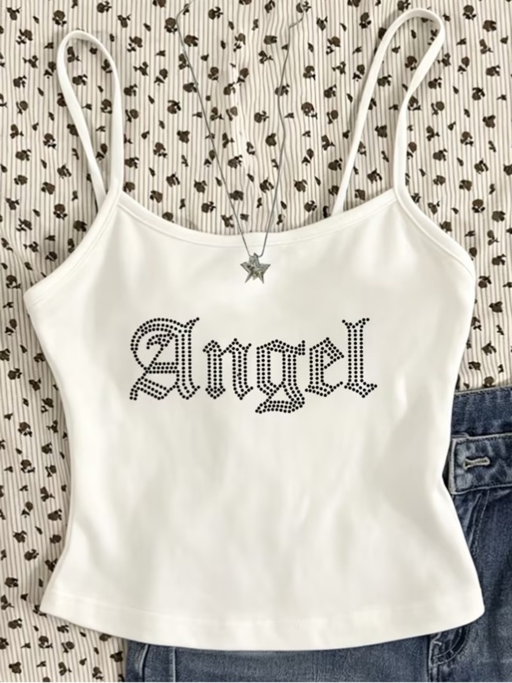 White 'Angel' Rhinestone Script Spaghetti-Strap Cami